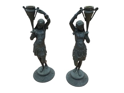 Lot 2598 - Pair of spelter candlesticks in the form of female Oriental dancers