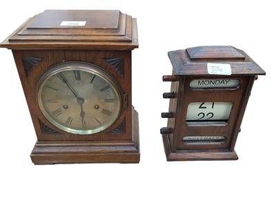 Lot 2596 - Edwardian cased perpetual calendar, Victorian banjo barometer and an Edwardian mantel clock (3)