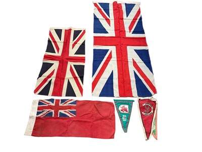 Lot 837 - Vintage canvas Union Jack flag on pole, together with other Union Jack flags and pennants.