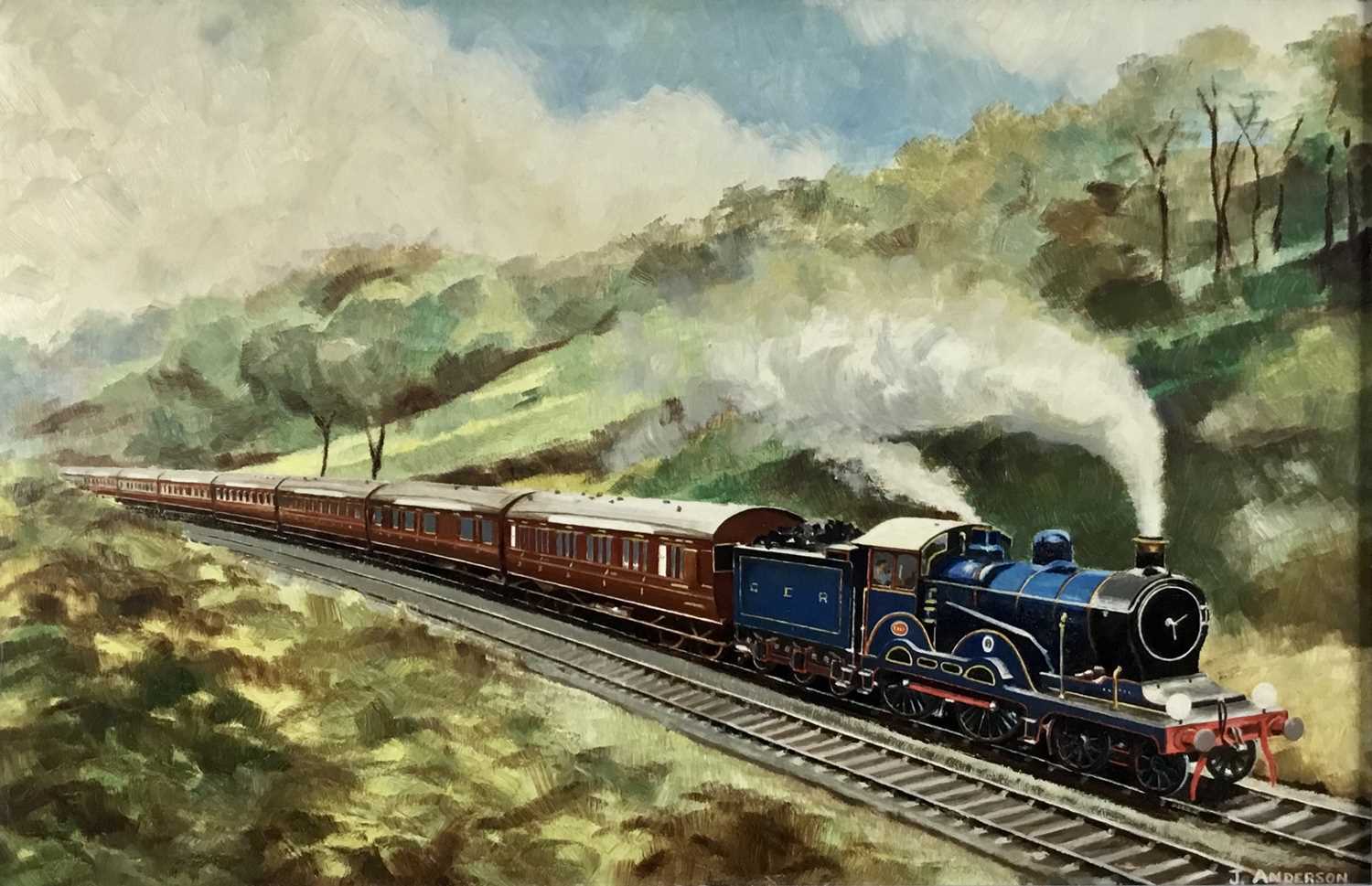 Lot 50 - John Anderson, oil painting of a Claud Hamilton engine and train and Brentwood Bank, signed, inscribed with date 1956 verso, 43cm x 67cm, framed