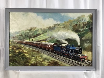 Lot 50 - John Anderson, oil painting of a Claud Hamilton engine and train and Brentwood Bank, signed, inscribed with date 1956 verso, 43cm x 67cm, framed