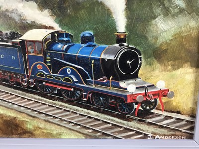 Lot 50 - John Anderson, oil painting of a Claud Hamilton engine and train and Brentwood Bank, signed, inscribed with date 1956 verso, 43cm x 67cm, framed
