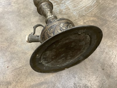 Lot 2517 - Antique Hookah base converted to a lamp, together with decorative oil lamp and an African carved wooden musical instrument