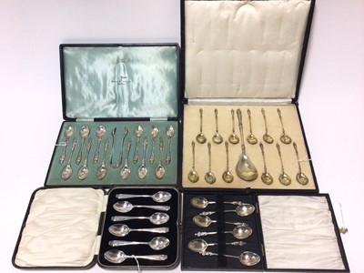 Lot 283 - Set of Continental silver gilt sorbet spoons in fitted box, and three  other  sets of silver spoons