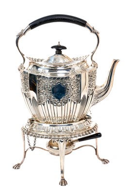 Lot 285 - Late Victorian silver spirit kettle on stand with plated burner