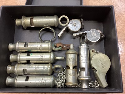 Lot 2543 - Collection of Vintage Military and Railway marked whistles (10)