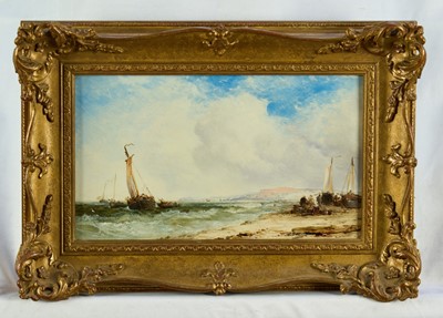 Lot 1027 - James Webb (1825-1895) oil on panel - Seaford, Sussex, signed, inscribed verso and dated 1875, 18cm X 30.5cm, in gilt frame