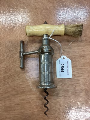 Lot 2544 - Victorian nickel plated Kings Patent type corkscrew with turned bone handle with brush and side winding mechanism