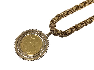Lot 100 - Iranian gold coin in pendant mount on yellow metal fancy link chain, 49.5cm long