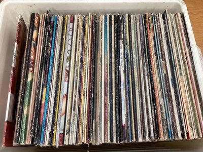 Lot 2253 - Box of LP records including The Who, Rolling Stones, Queen, Jethro Tull, Supertramp, Family, George Harrison, Beatles, Stephen Stills, Bob Marley, Steely Dan - approx 95 albums, most vinyl appears...