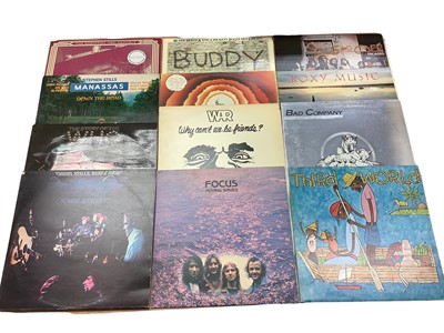 Lot 2255 - Box of LP records including George Harrison - Concert for Bangladesh (complete), Jimi Hendrix, The Who, Average White Band, Rolling Stones, Roxy Music, Woodstock (Three. Record Set), Third World, S...