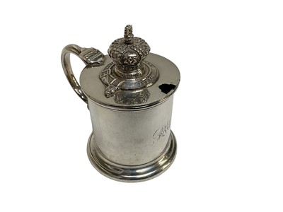 Lot 752 - Military interest- Victorian silver plated mustard pot of drum form, the crown shaped finial above the badge of The Royal Military College, the body also engraved 'RMC', 9.5cm in height.