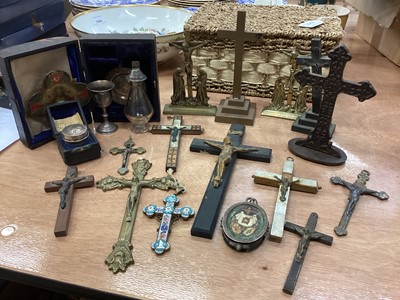 Lot 2547 - Religious interest, a collection of old crucifixes, communion set, silver holy oil container and other religious artefacts