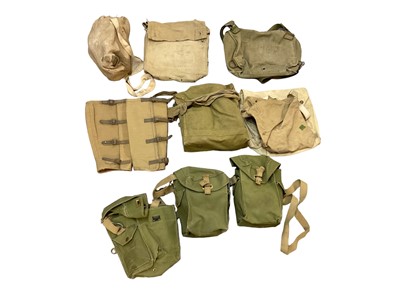 Lot 758 - Collection of Second World War and later canvas webbing pouches, gas masks and cases and other items (one box)