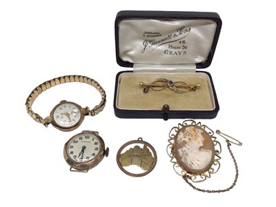 Lot 105 - 9ct gold mounted cameo brooch, 9ct gold Australia pendant, two 9ct gold cased vintage wristwatches and an Edwardian 15ct god gem set bar brooch