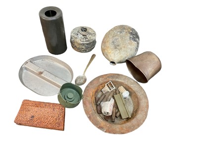 Lot 759 - Falklands War interest- collection of battlefield relics to include bullet cases, mess tins and cutlery, collected from Mount Tumbledown (one box)