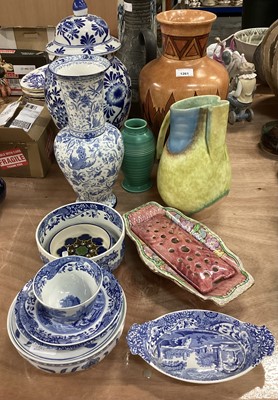 Lot 1261 - Art Deco vase with geometric band and leaf decoration, together with various decorated china including blue and white (qty)