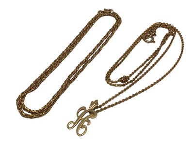 Lot 118 - 9ct gold rope twist style chain and one other plated chain with a 14ct gold H initial pendant