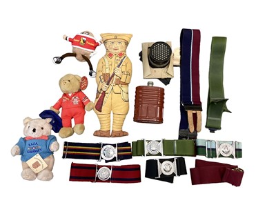 Lot 774 - Group of British military stable belts, together with various canvas webbing items and other militaria (1 box)