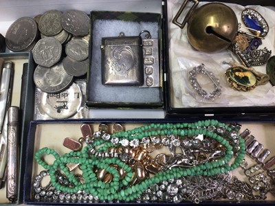 Lot 126 - Group of vintage costume jewellery, paste set necklaces and brooches, silver ingot pendant, various coins, two silver pencil holders, silver vesta case, silver and mother of pearl fruit knife