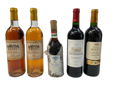 Lot 388 - Five bottles, Chateau Monbazillac 1988 (2), Tokaji, Chateau Valfontaine 2012 and Chateau Moulin de Lavaud 2006