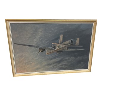 Lot 787 - Oil on canvas study of an Avro Manchester in flight, signed G.E. Tea, 75cm x 49.5cm overall.