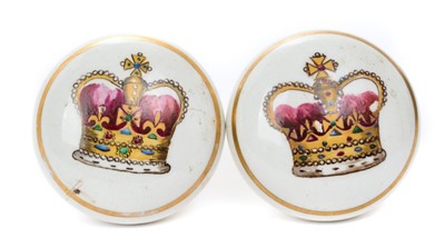 Lot 165 - Pair of Victorian Staffordshire pottery door handles by Bullers of Tipton, with hand painted Royal Crowns