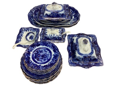 Lot 1274 - Late Victorian Flo-blue 'Verona' pattern dinner service by Wood & Sons to include a pair of vegetable tureens and covers, pair of suace tureens with ladles, three graduated meat plates, 9 dinner pl...