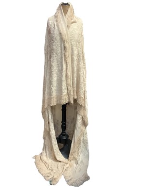 Lot 2139 - Large cream silk shawl with cream embroidered flowers and tassel fringing.