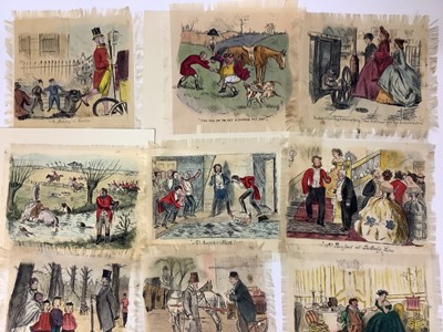 Lot 2140 - A group of hand painted silk mats, hunting illustrations inspired by the Mr Jorrock series of books.