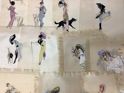 Lot 2141 - A group of hand painted silk mats, illustrations include 1910 Fashion, birds, ladies in bonnets etc.