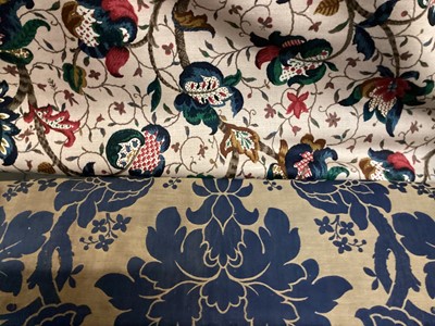 Lot 2144 - Selection of fabric including Sandersons printed crewel work on linen, part roll of blue and bronze damask, roll of striped linen etc.