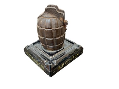 Lot 805 - Interesting First World War grenade inkwell on square base marked 'S.B. Iron & Steel, reg. no. 651542, 1915, memento of the Great War actual hand grenade casting as used by the allies'.