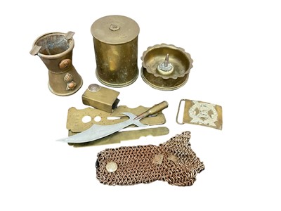 Lot 807 - First World War brass Trench Art ashtray, two brass button polishers, tobacco jar and other militaria (1 box).