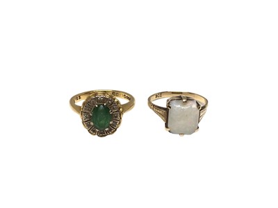 Lot 195 - 18ct gold emerald and diamond cluster ring and a 9ct gold opal dress ring (2)