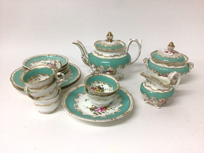 Lot 204 - Early 19th century English porcelain part teaset painted with floral panels on turquoise and white ground, 16 pieces