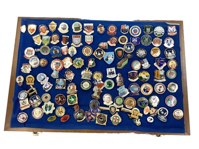 Lot 2590 - Glazed case containing a collection of enamel pin badges, mostly of local interest