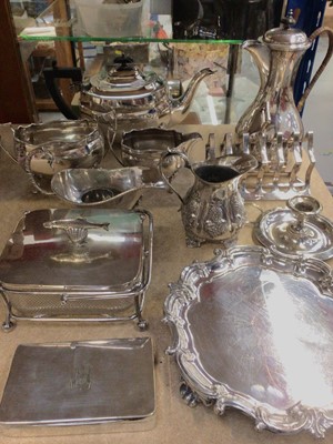 Lot 340 - Assorted silver plate to include a three piece teaset, toast rack, sardine dish, sandwich box and other items