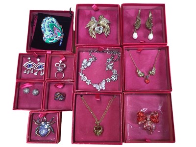 Lot 155 - Collection of twelve 1980s Butler & Wilson multi-coloured diamanté novelty jewellery including bird brooch and necklace, crown necklace and ring, bow brooch, spider brooch, pair of eye earrings, bu...