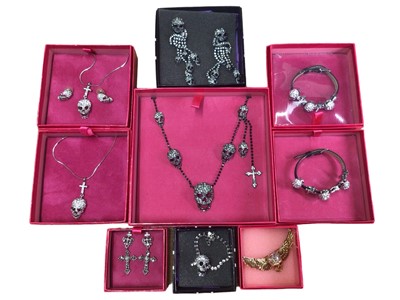 Lot 156 - Collection of ten 1980s Butler & Wilson diamanté novelty skull jewellery including necklaces, bracelets, earrings and a brooch,  nine boxed