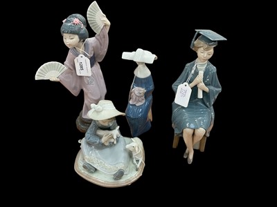 Lot 1285 - Four Lladro porcelain figures including Geisha girl and girl with two lambs