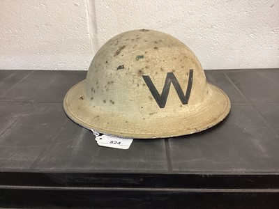 Lot 824 - Second World War British Military MKII Steel Helmet with cream painted finish and 'W' (Warden) to front, with chinstrap and liner