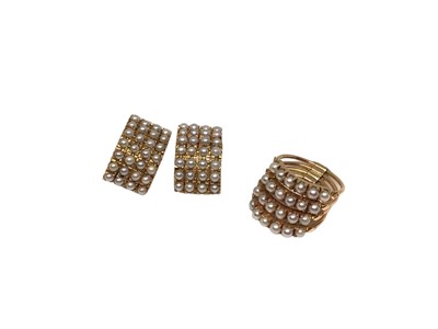 Lot 167 - Pair of yellow metal (stamped 14K) seed pearl cluster clip on earrings and similar four band ring