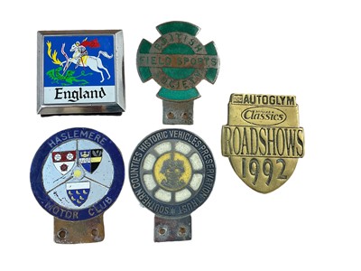 Lot 955 - Group of five car badges to include Southern Counties, England, British Field Sports Society, Auto Glym plaque and Haselmere Motor Club (5)