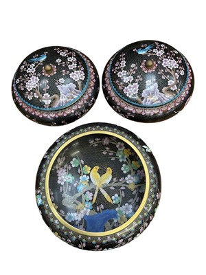 Lot 2554 - Large pair of Japanese cloisonne squat pots and covers, 28cm diameter, together with a similar bowl, 31cm diameter