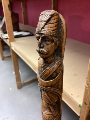 Lot 841 - Unusual Victorian carved walking stick decorated with bust of a military figure, possibly Pasha Gordon- General Gordon of Khartoum and two female busts below 96.5 cm high