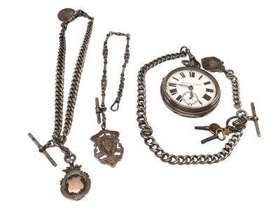 Lot 181 - Victorian silver pocket watch with silver Albert chain and silver fob, one other antique silver Albert chain and silver (925) fob chain