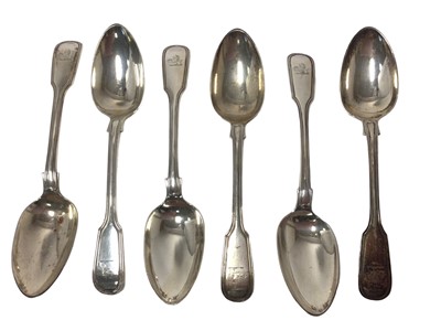 Lot 312 - Set of six William IV silver fiddle and thread pattern dessert spoons