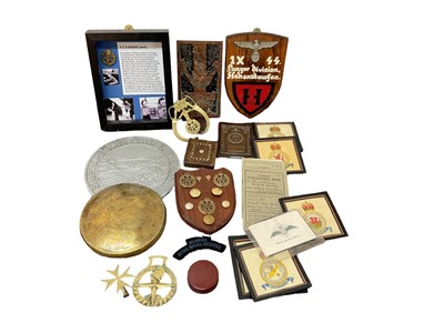 Lot 879 - Collection of assorted military related plaques to include RAF and Nazi Panzer Division plaque and sundry militaria (1 box).