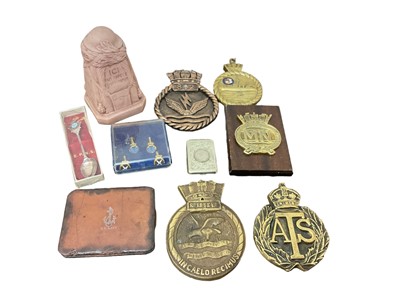 Lot 877 - Collection of assorted military related brass plaques and other militaria (1 box).